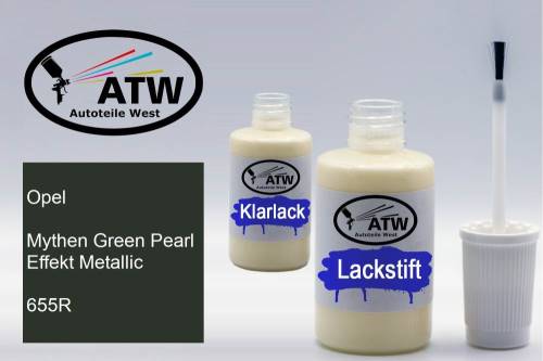 Opel, Mythen Green Pearl Effekt Metallic, 655R: 20ml Lackstift + 20ml Klarlack - Set, von ATW Autoteile West.